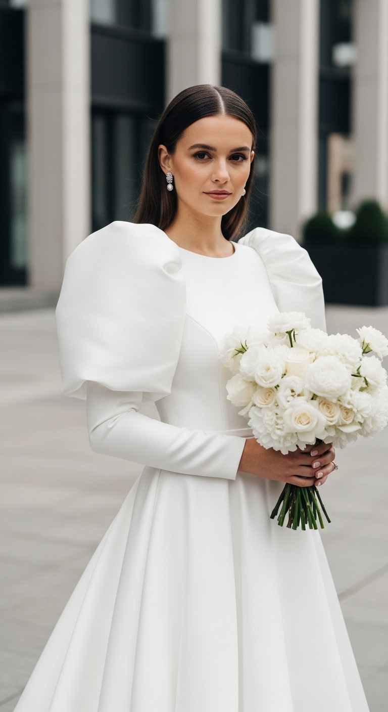Bride wearing a bold puff sleeve wedding dress with dramatic volume, structured design, in a chic urban setting.