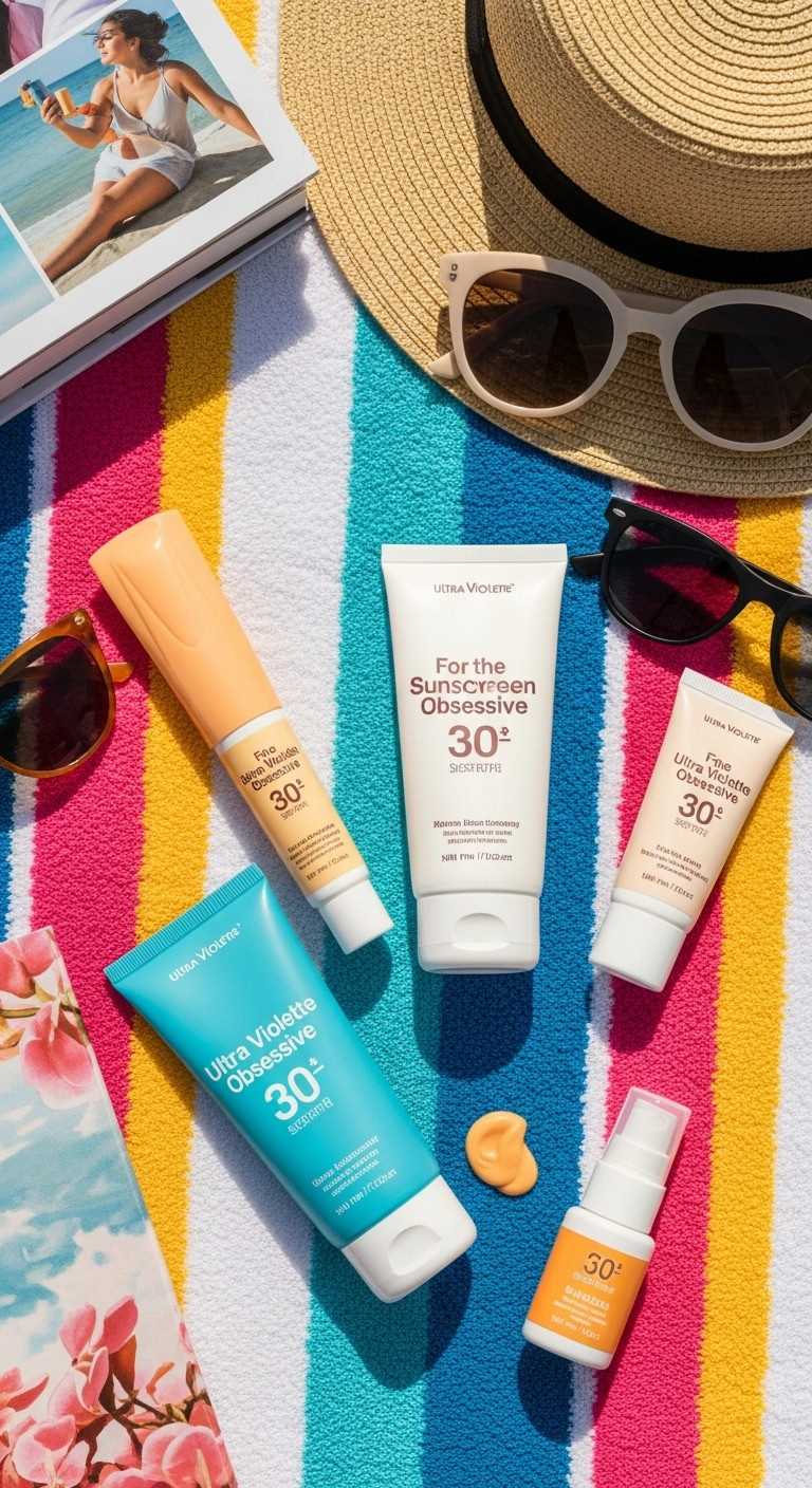 Bright Ultra Violette Vi's Closet of Cuties SPF set on a colorful striped beach towel with sunglasses
