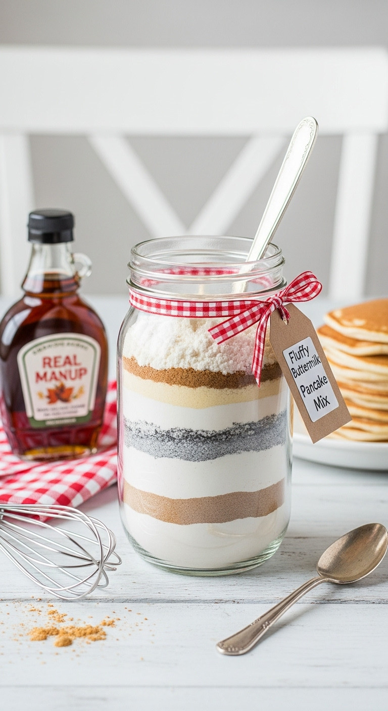 Buttermilk pancake mix in a layered mason jar with maple syrup on a white-washed table