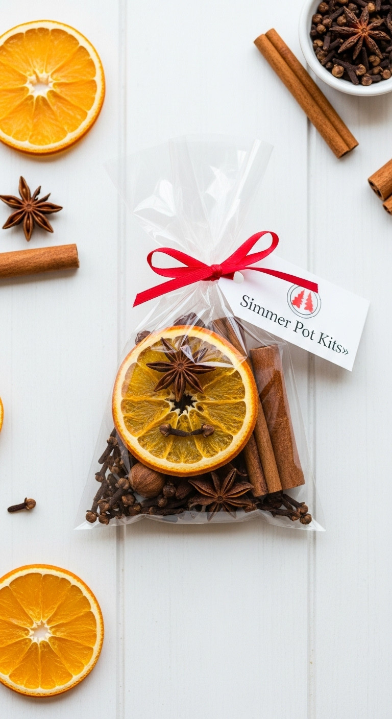 Cellophane bag of dried orange slices cinnamon sticks cloves and star anise for simmer pot kit tied with red ribbon on white wood
