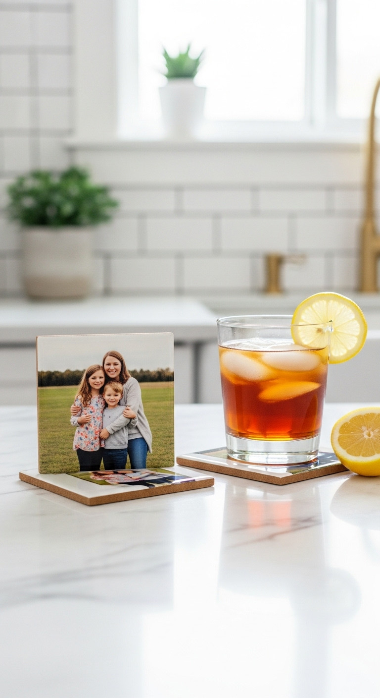 Ceramic tile coaster with family photo on white marble countertop next to iced tea glass and succulent