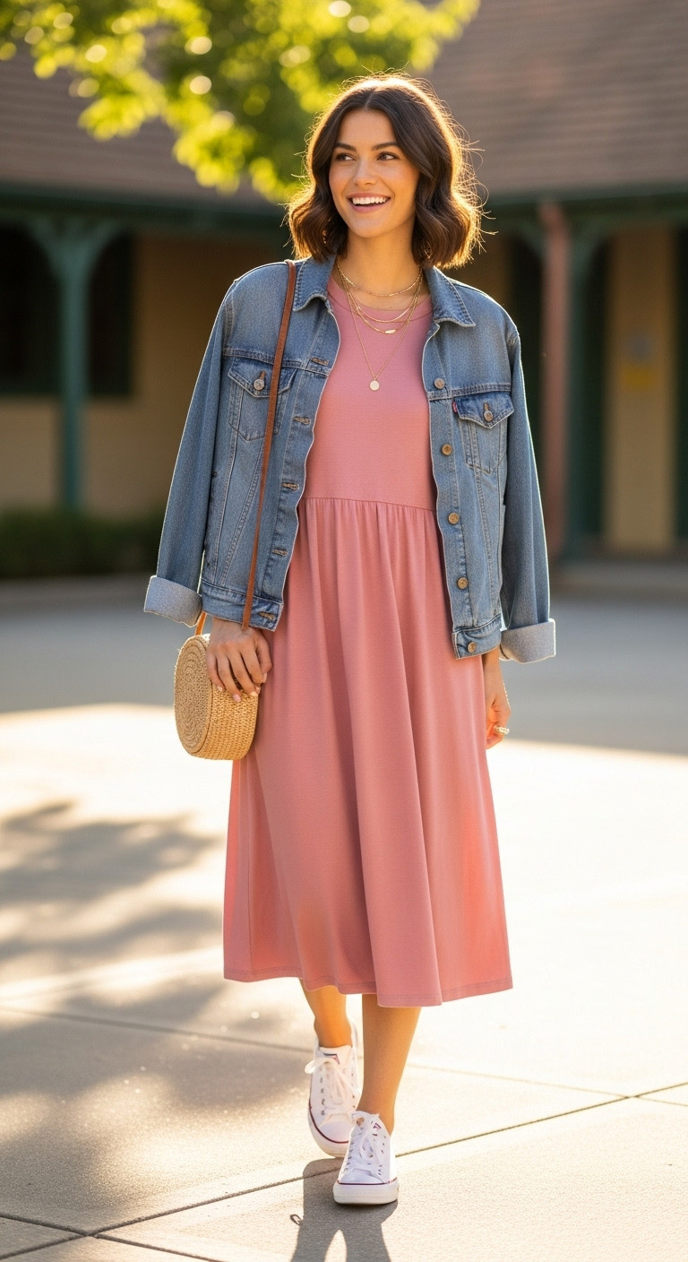 Cheerful woman in dusty rose midi dress, denim jacket, white sneakers, straw bag. Casual summer campus style.