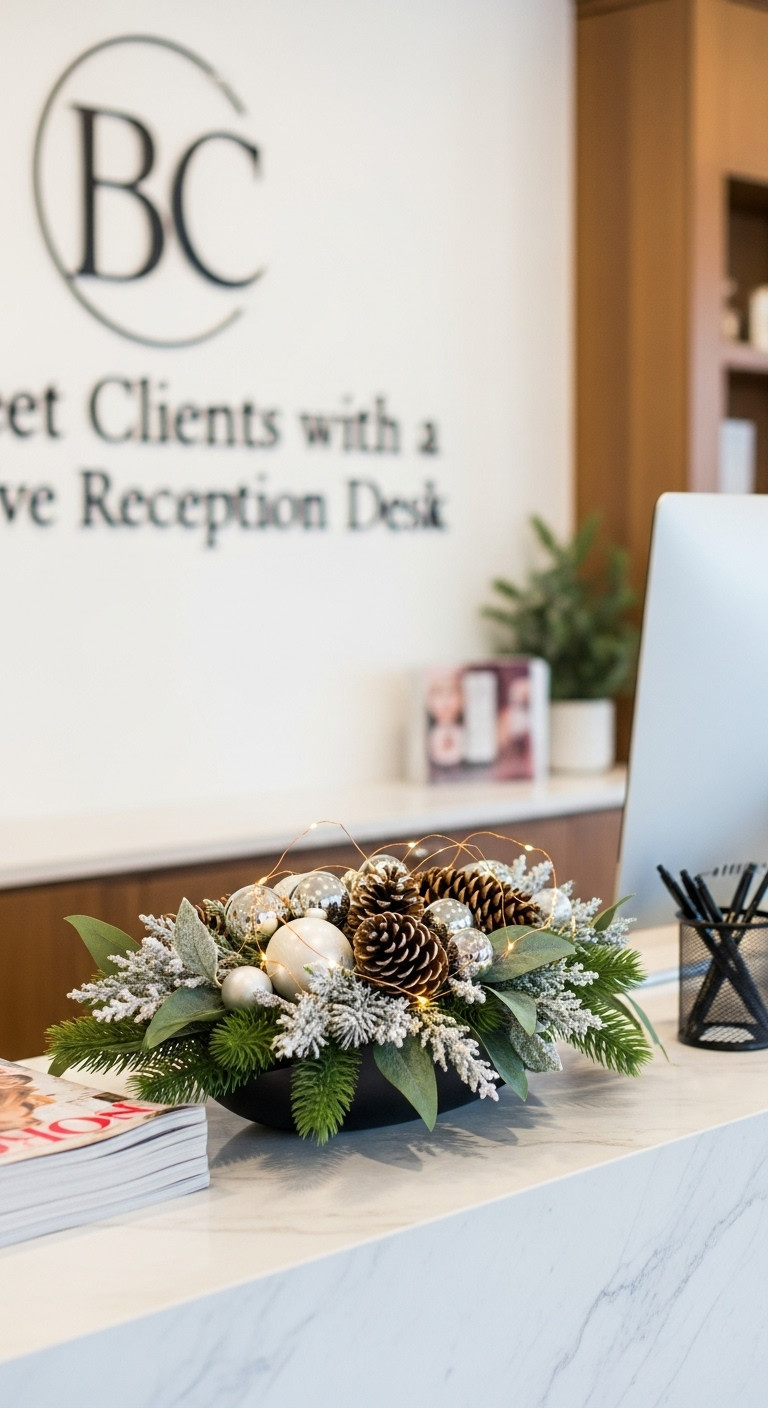 Chic Christmas salon reception desk with elegant pine cone and silver bauble centerpiece and fairy lights