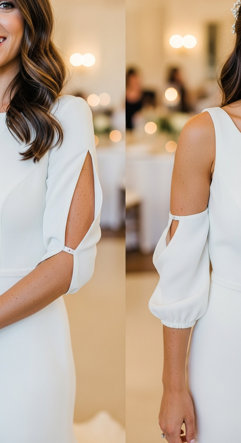 Chic bride showcasing a versatile detachable long sleeve wedding dress, one sleeve removed, golden hour reception setting.