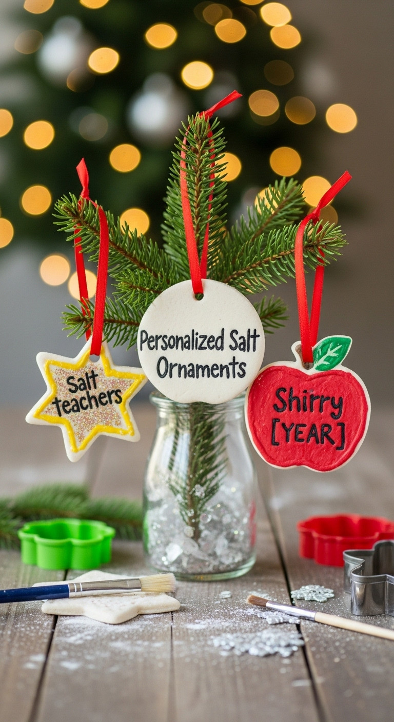 Child-painted personalized salt dough ornaments with teacher's name and year hanging from an evergreen branch with red ribbons