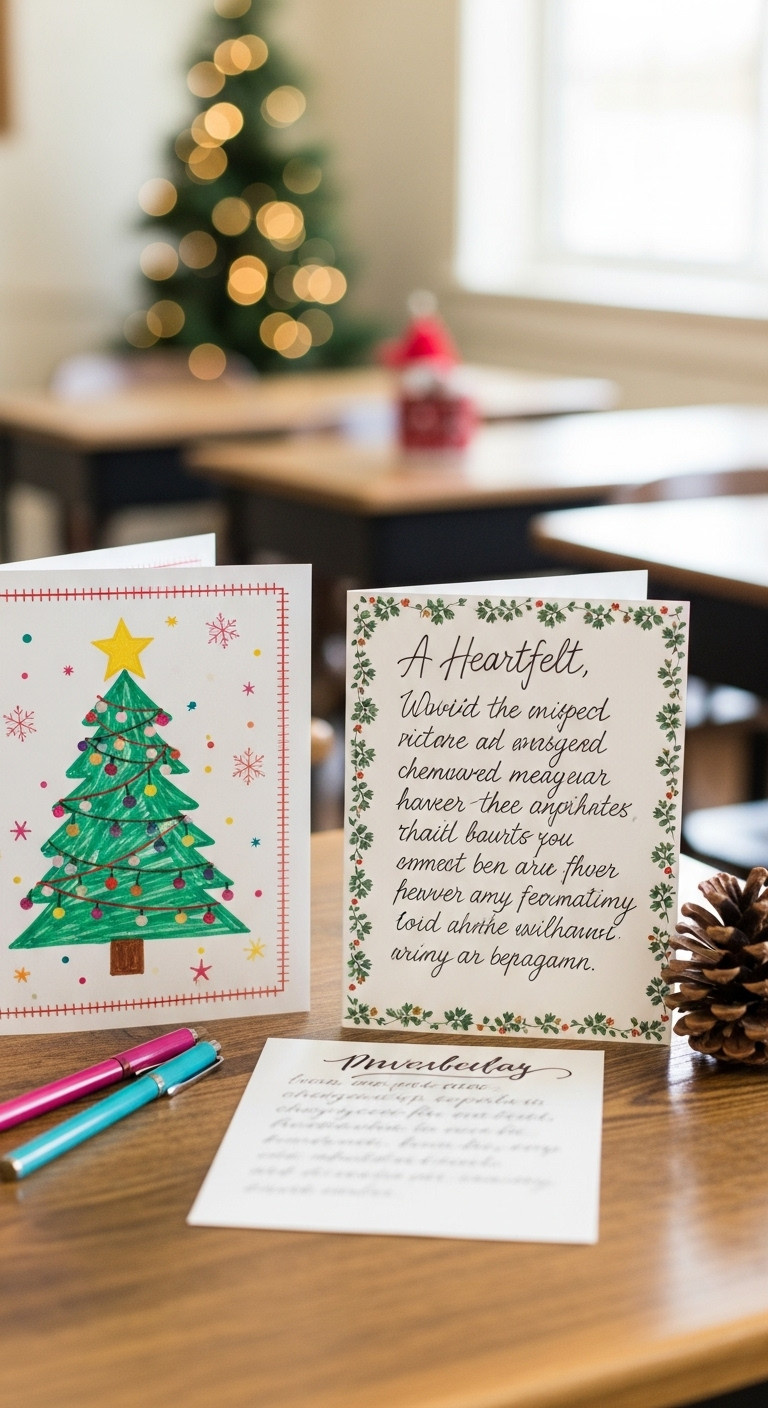 Child's hand-drawn Christmas card and adult's handwritten note on stationery on a rustic wooden desk with pens and a pinecone