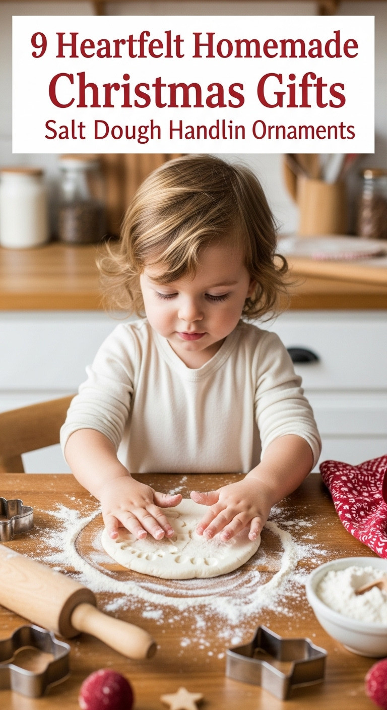 Child's hands pressing into salt dough to create handprint ornaments for parents on a rustic wooden table