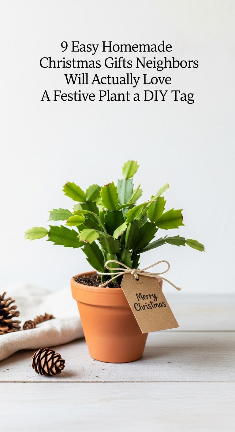 Christmas cactus in a terracotta pot with a hand-stamped Merry Christmas tag for a homemade neighbor gift