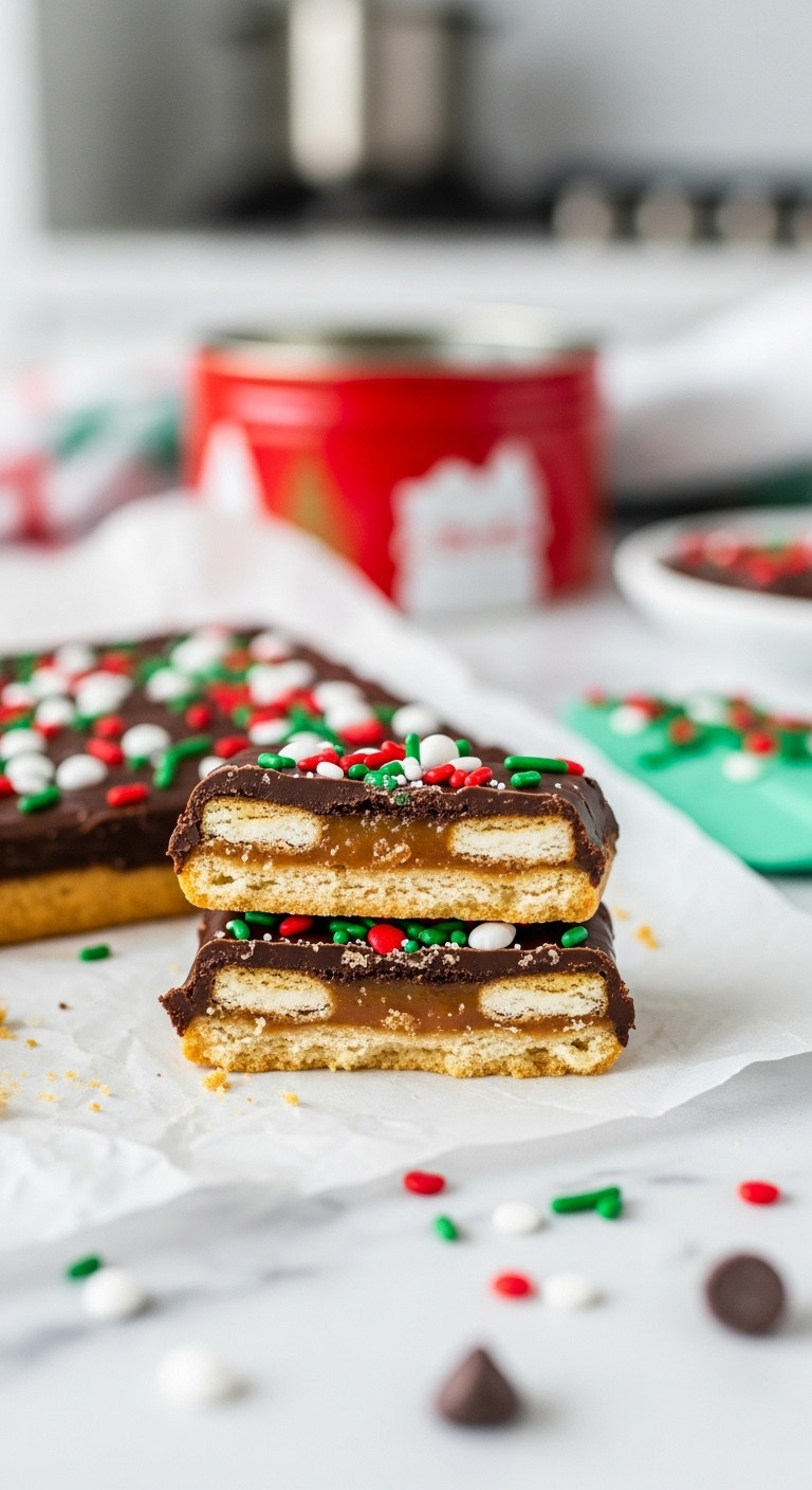 Christmas cracker candy breaking in half with toffee chocolate and festive sprinkles on parchment paper