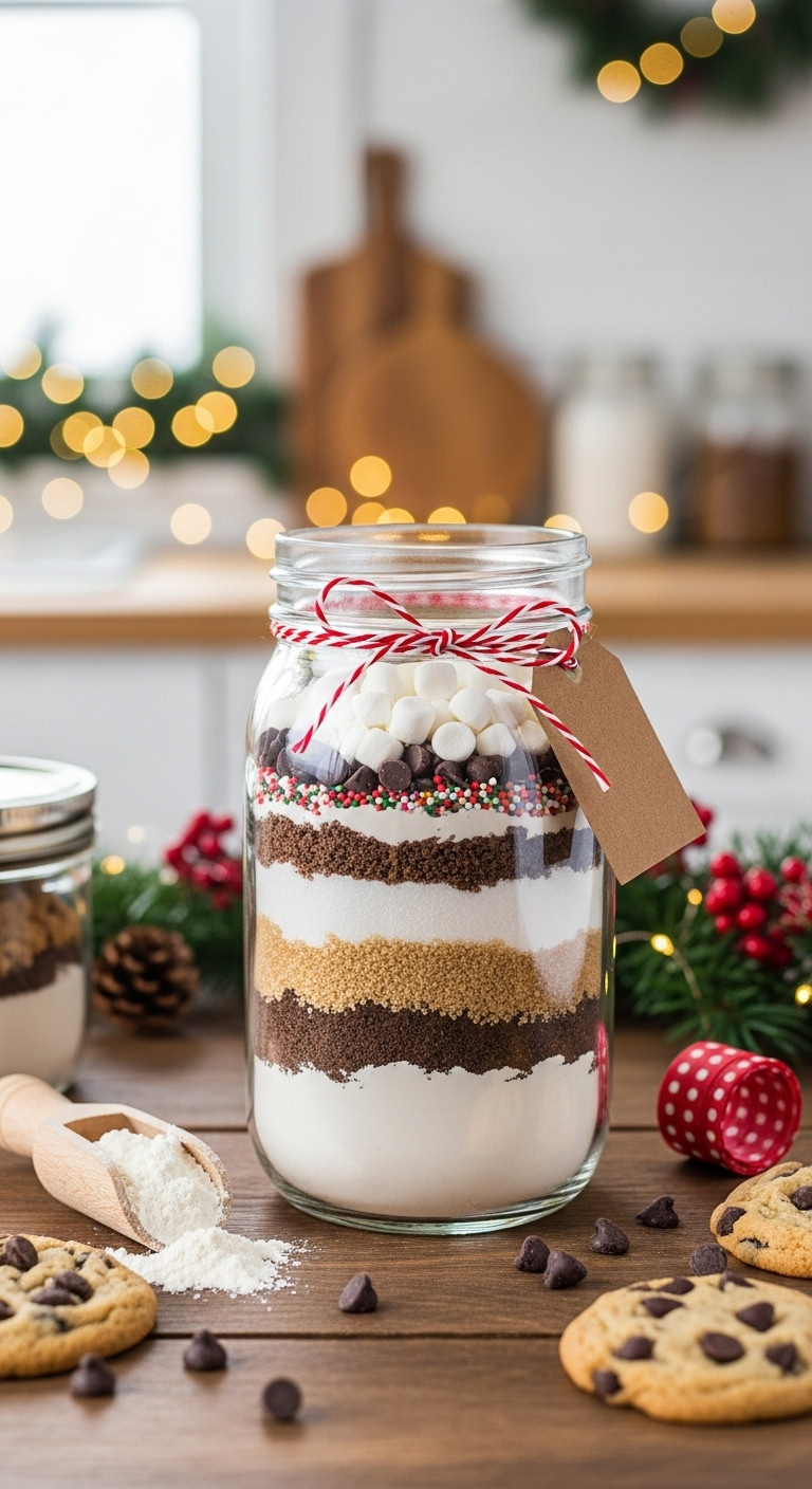 Christmas mason jar filled with chocolate chip cookie mix festive holiday kitchen background