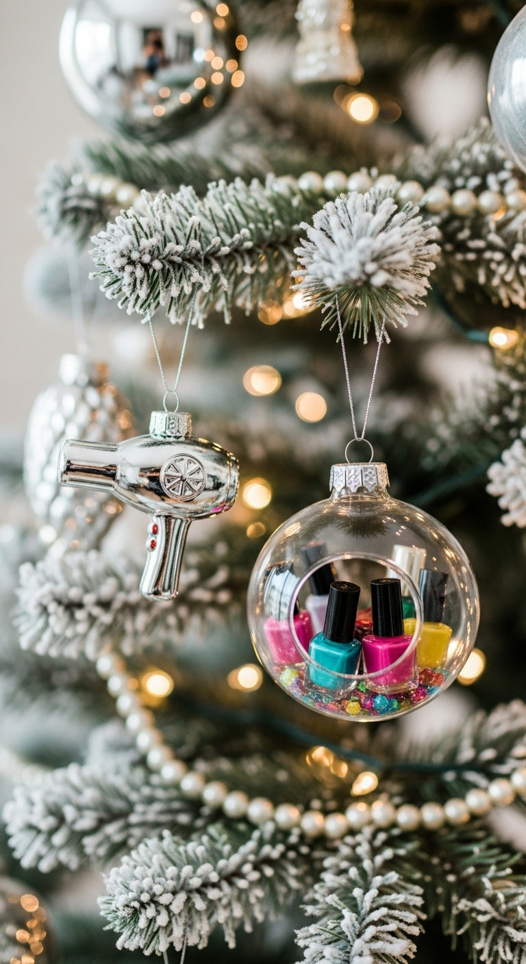 Christmas tree with unique salon themed ornaments like a miniature silver hairdryer and nail polish bauble