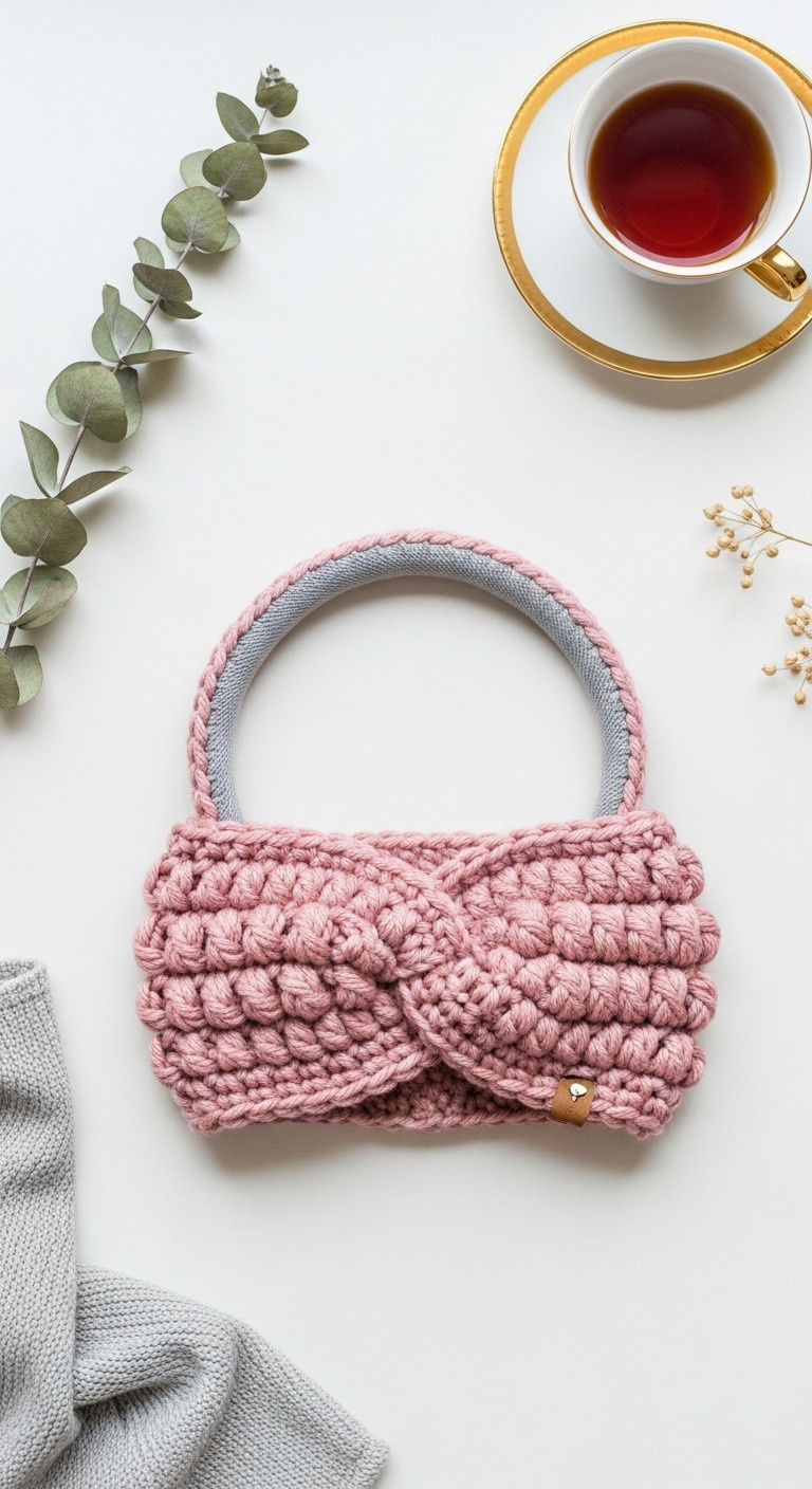 Chunky bobble crochet ear warmer in dusty rose with a twisted knot on a white wooden background with eucalyptus and a teacup