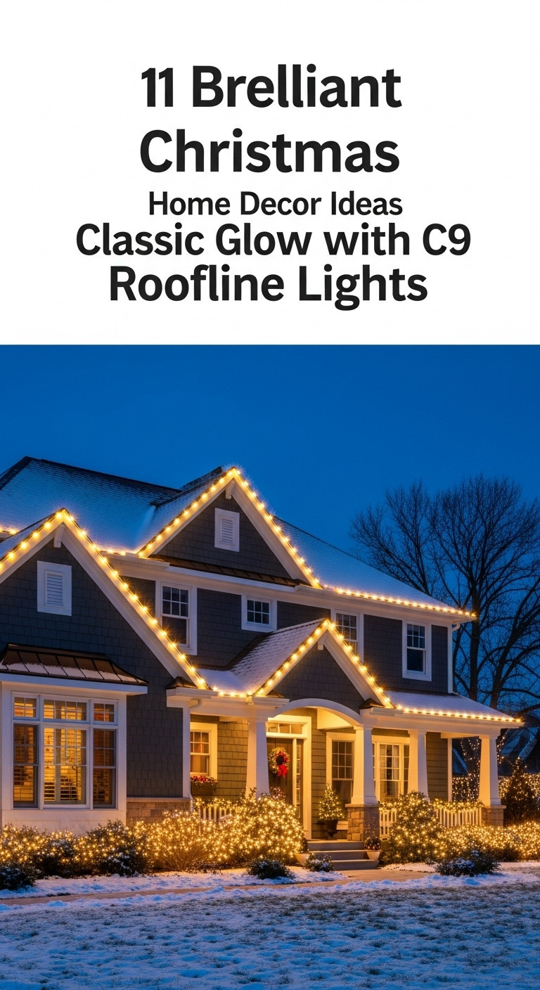 Classic C9 warm white Christmas lights outlining a charming home's roofline at dusk with a snowy foreground and a festive wreath
