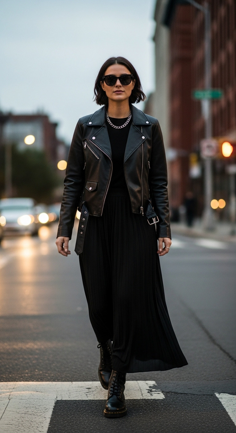 Classy womens fashion casual outfit leather jacket tee maxi skirt with combat boots and silver chain necklace on a city street at dusk