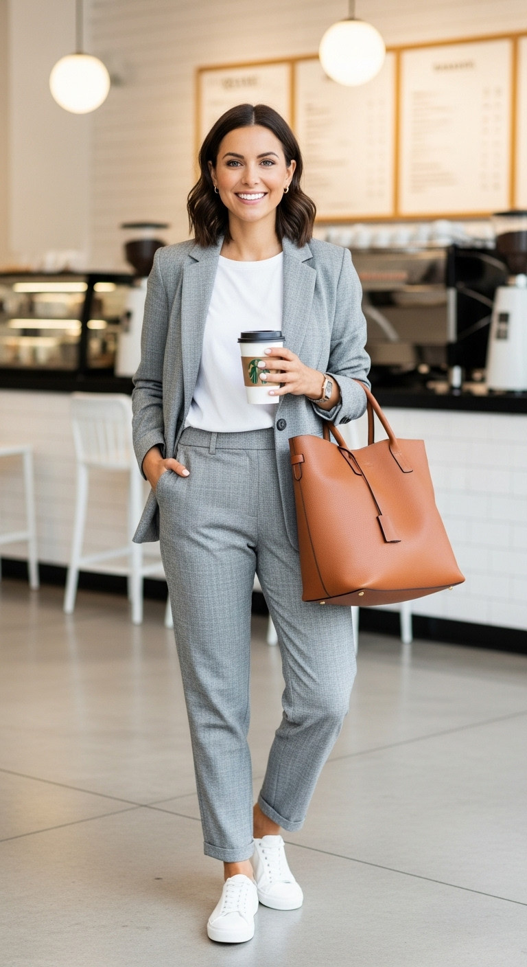 Classy womens fashion casual outfit relaxed suiting white tee with sleek sneakers and leather tote bag in a modern coffee shop