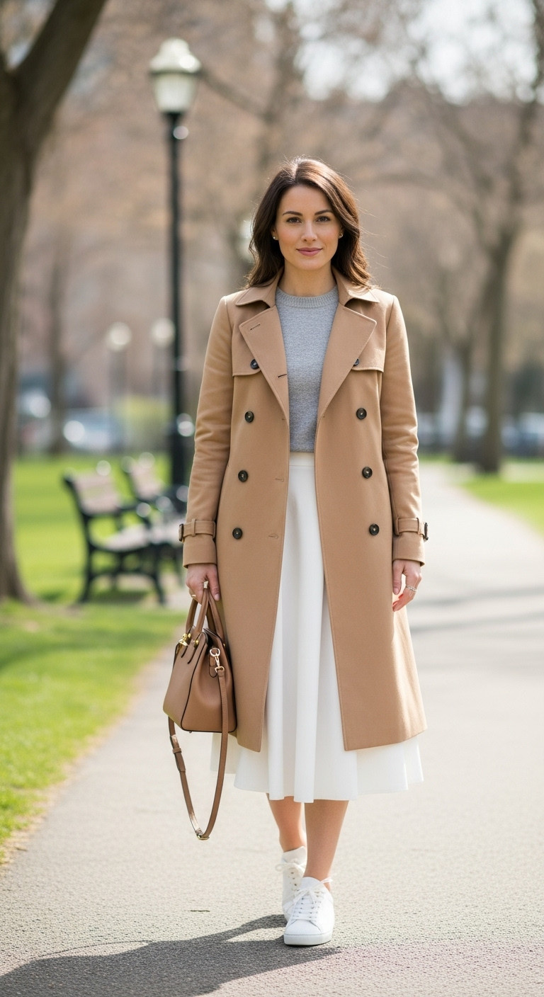 Classy womens fashion casual outfit trench coat tee white skirt with sneakers and classic handbag in a spring park setting