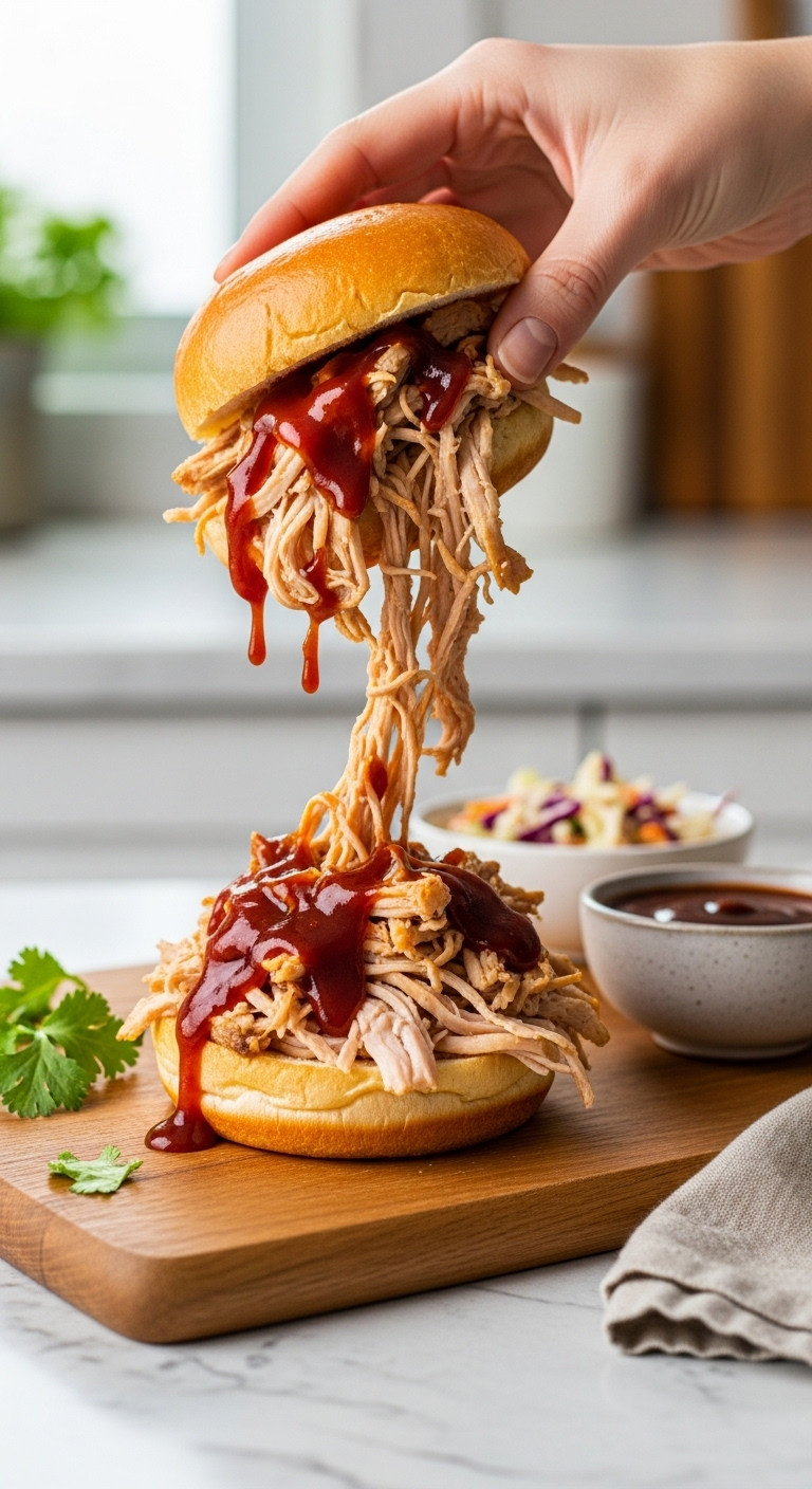 Close-up: Shredded BBQ chicken sandwich on a brioche bun, glossy sauce, rustic wooden board, blurred kitchen background.