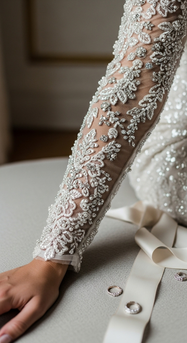 Close-up of an intricate embellished long sleeve wedding dress with sparkling beads, pearls, and embroidery details.