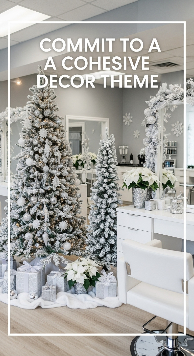 Cohesive Winter Wonderland Christmas decor theme in a modern beauty salon interior
