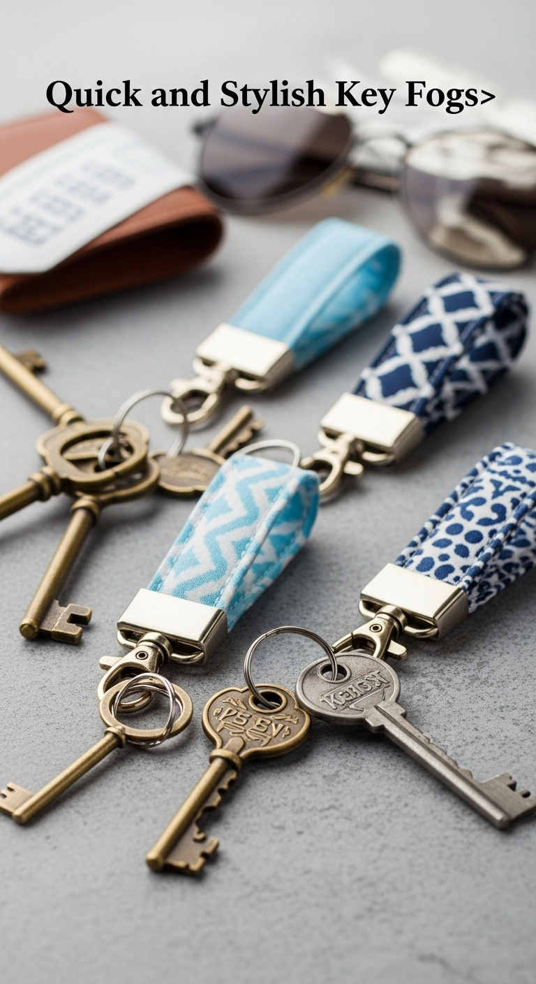 Collection of fabric key fobs with metal hardware hanging from antique keys on a gray stone surface with a wallet and sunglasses
