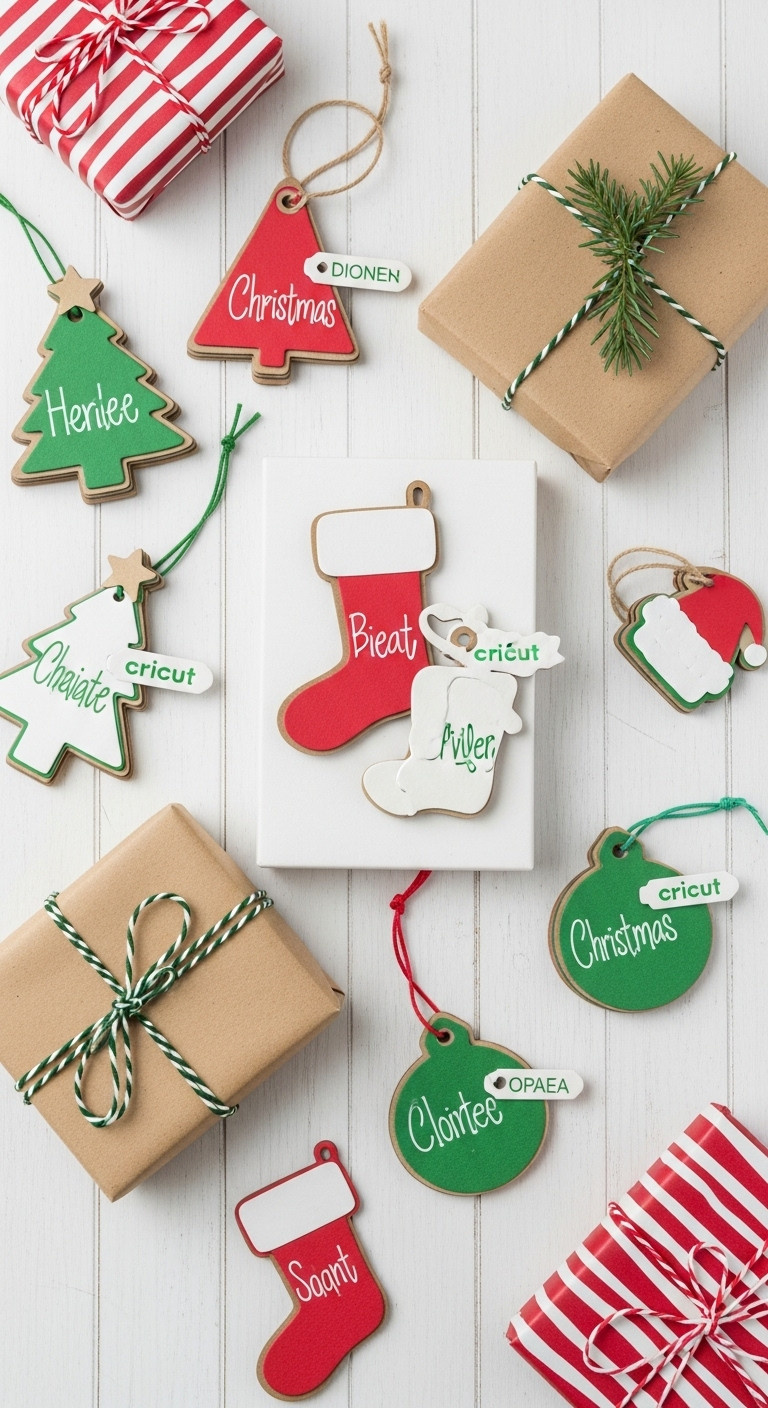 Collection of multi-layered cardstock Christmas gift tags on elegantly wrapped presents with ribbon cedar and red berries
