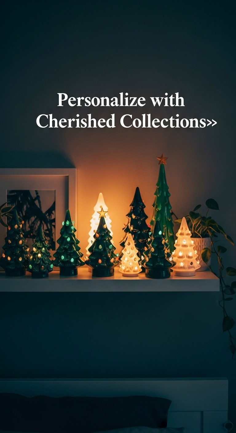 Collection of small nostalgic ceramic light up Christmas trees on a floating shelf