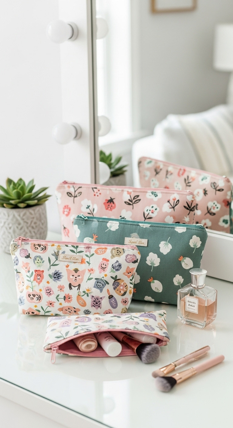 Collection of three stylish zipper pouches with makeup brushes and toiletries on a white vanity table in a minimalist room