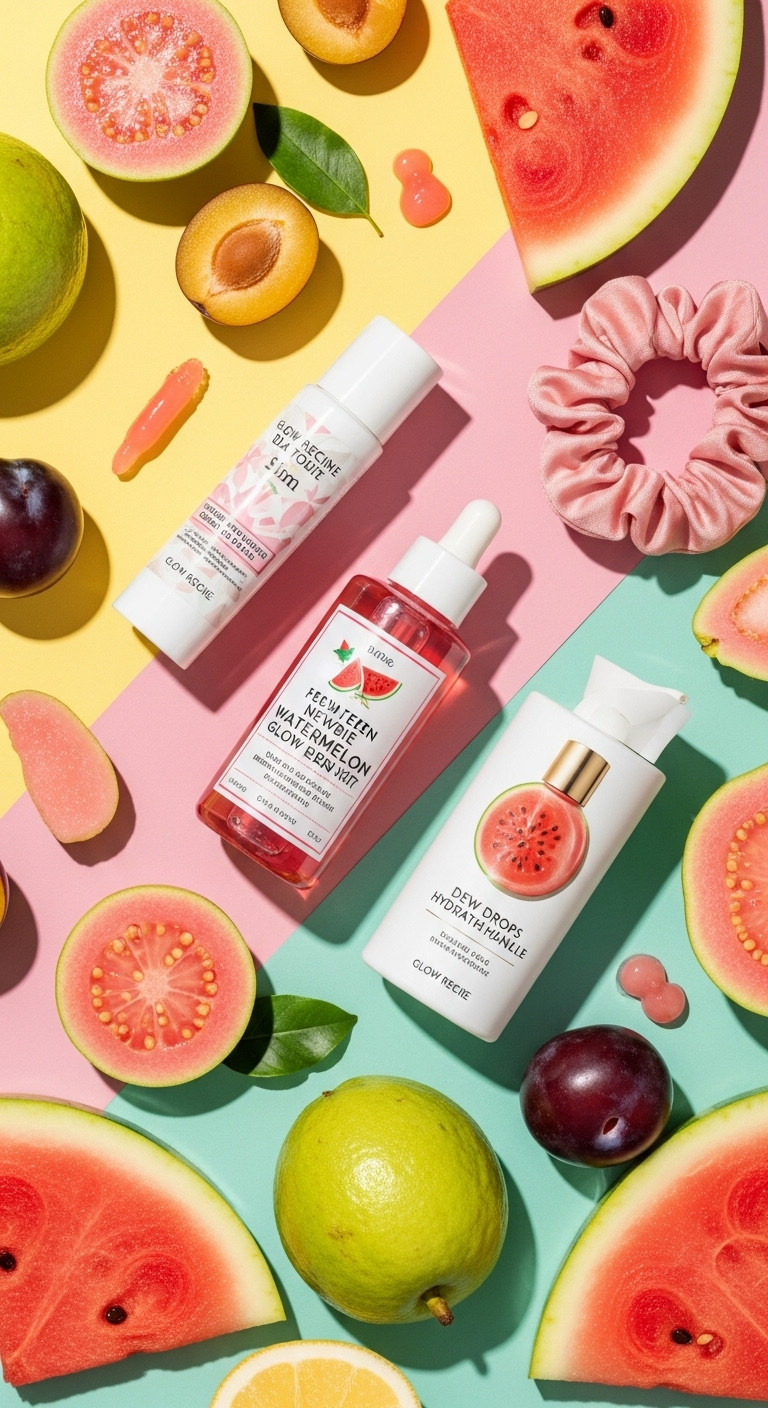 Colorful Glow Recipe Hydration Heaven Kit with Watermelon Glow toner and Dew Drops on pastel background with fruit slices