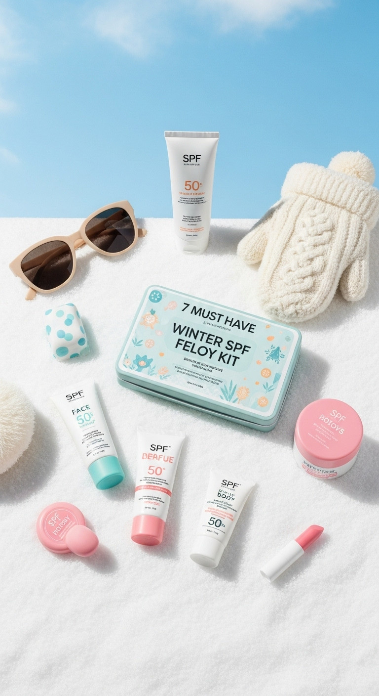 Colorful winter SPF kit with face body and lip sunscreens on faux snow