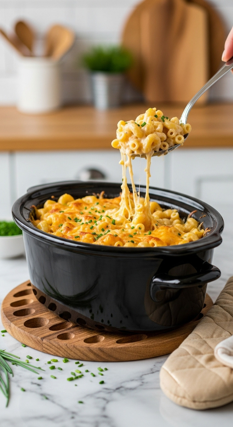 Comforting crockpot mac and cheese, creamy, golden-brown, with melted cheese and chives, on a rustic trivet.