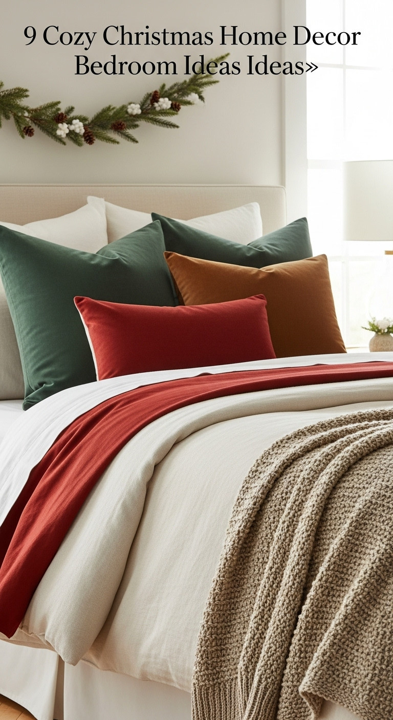 Cozy Christmas bed with cream duvet red flannel sheets and forest green velvet pillows