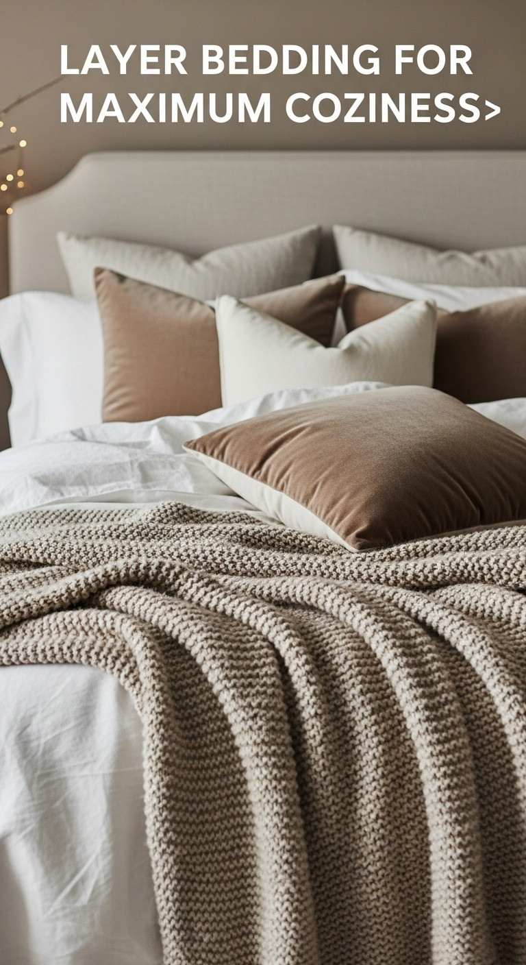 Cozy Christmas bed with layered cotton sheets linen duvet chunky knit throw and velvet pillows