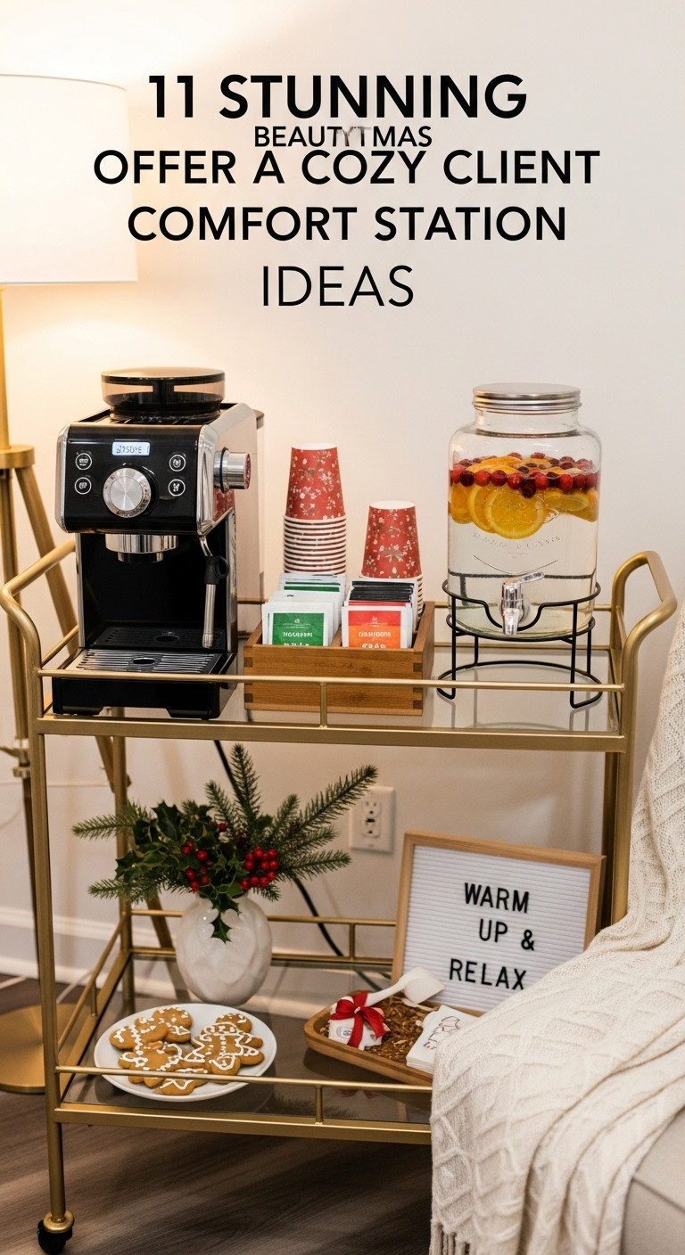 Cozy Christmas salon client comfort station with coffee machine holiday teas and cranberry orange infused water