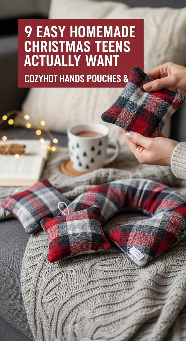 Cozy flannel plaid hand warmer pouches and neck heat pad on a knitted blanket a great homemade gift for teens