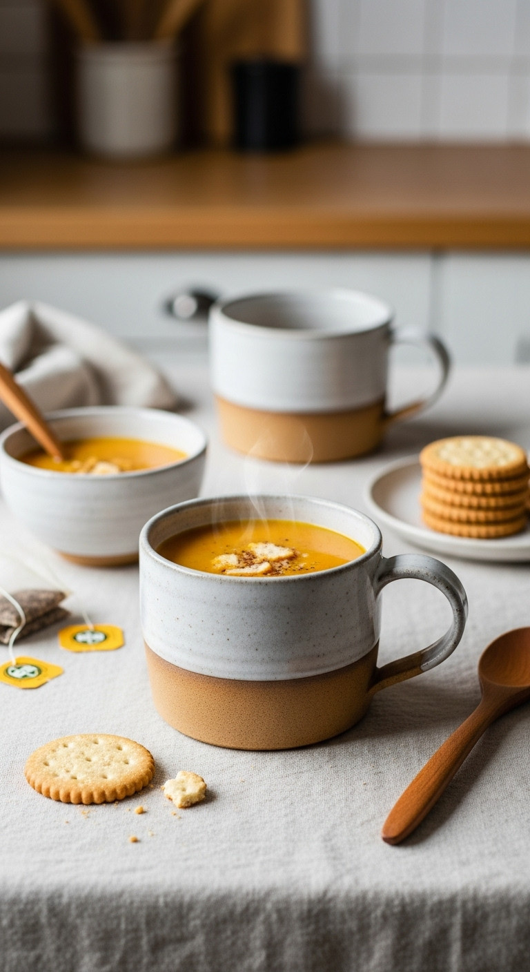Cozy hand-built clay soup mug with wide, flat rim and sturdy handle on linen tablecloth, steaming soup, inviting kitchen setting.