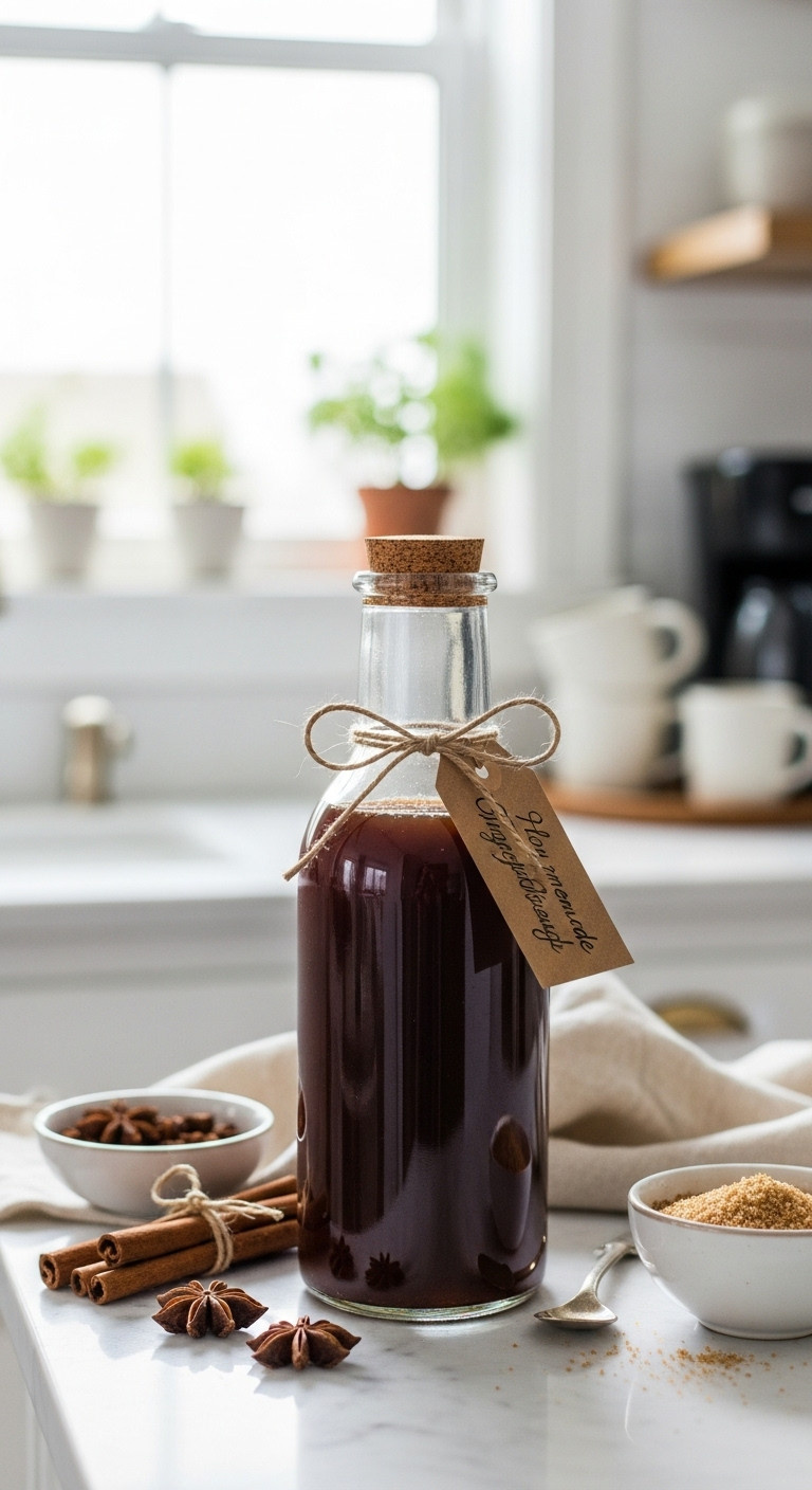 Cozy homemade gingerbread syrup in a vintage glass bottle with a twine bow and spices on a marble countertop