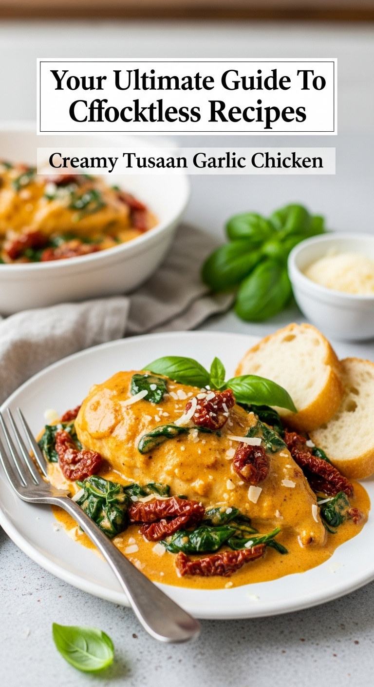 Creamy Tuscan garlic chicken with sun-dried tomatoes, spinach sauce on a white plate, Parmesan, basil, rustic kitchen.