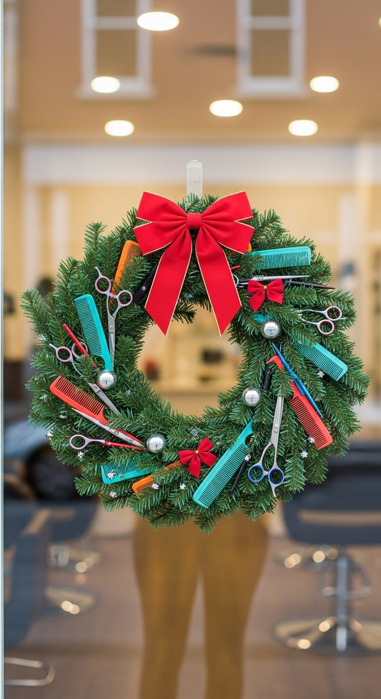 Creative DIY Christmas wreath for a salon door adorned with colorful combs and decorative scissors