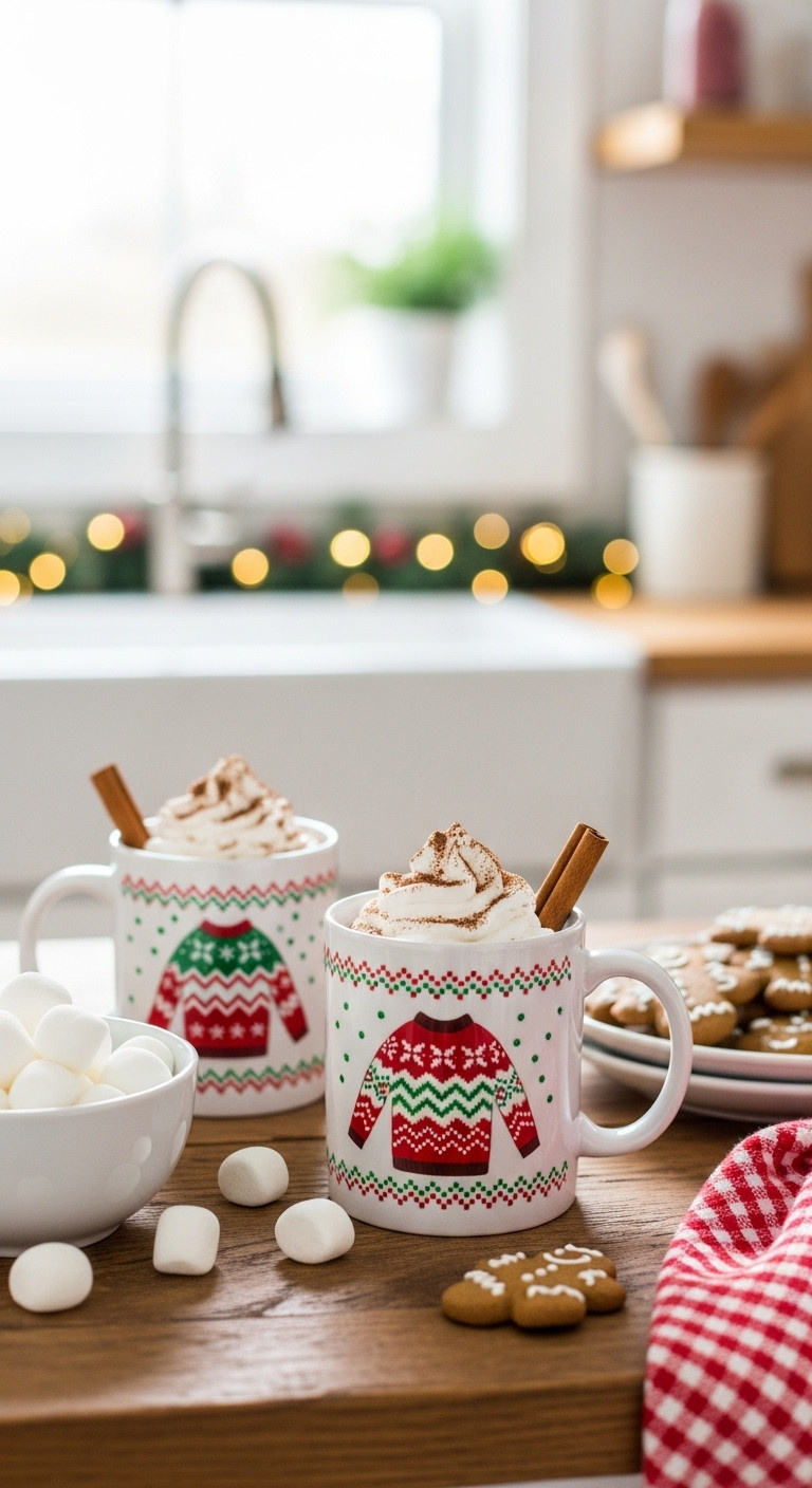 Cricut personalized mugs with festive sweater pattern on rustic table with marshmallows gingerbread cookies and Christmas decorations