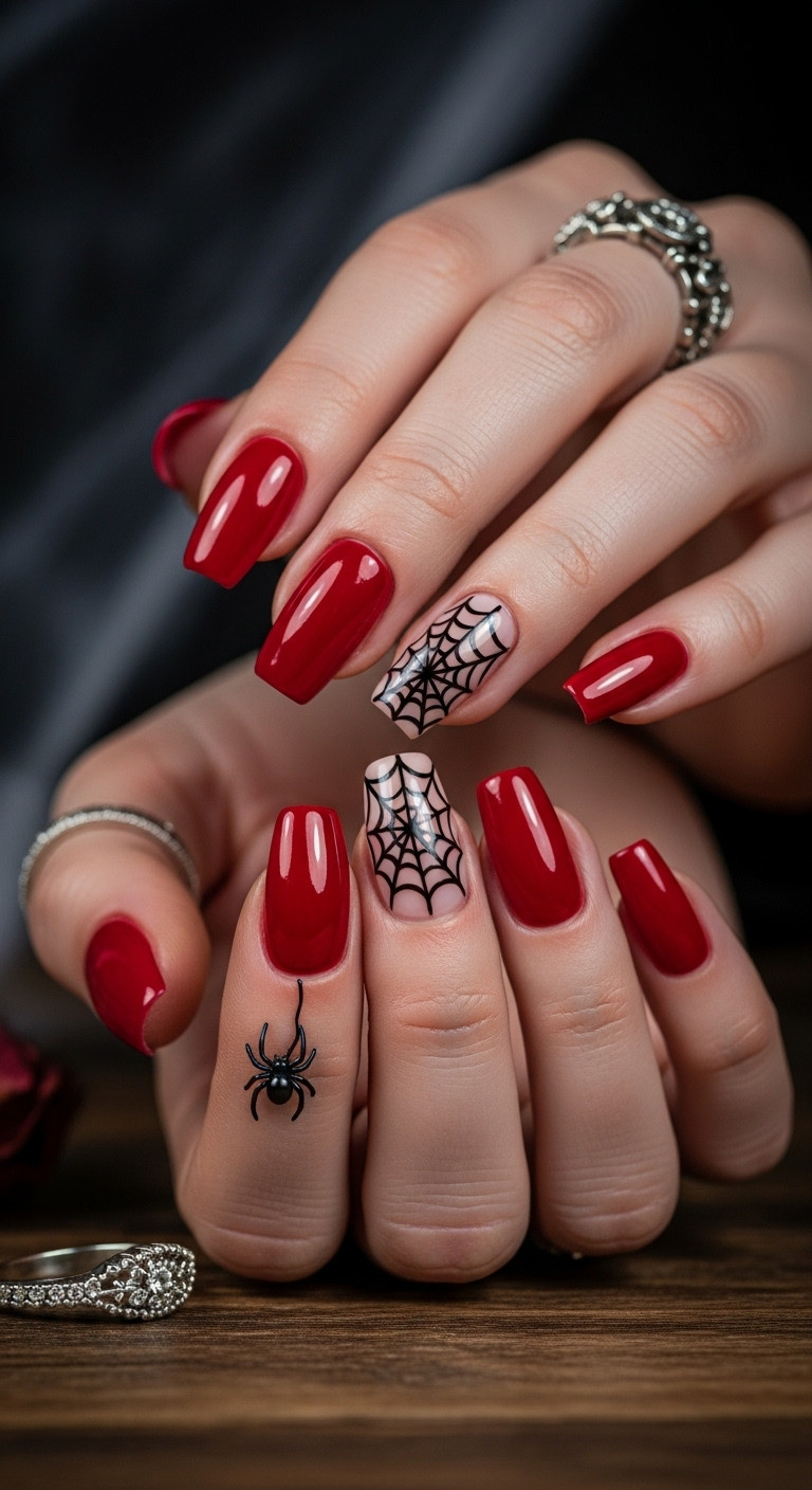 Crimson red spiderweb accent nails on rustic wood with subtle shadows