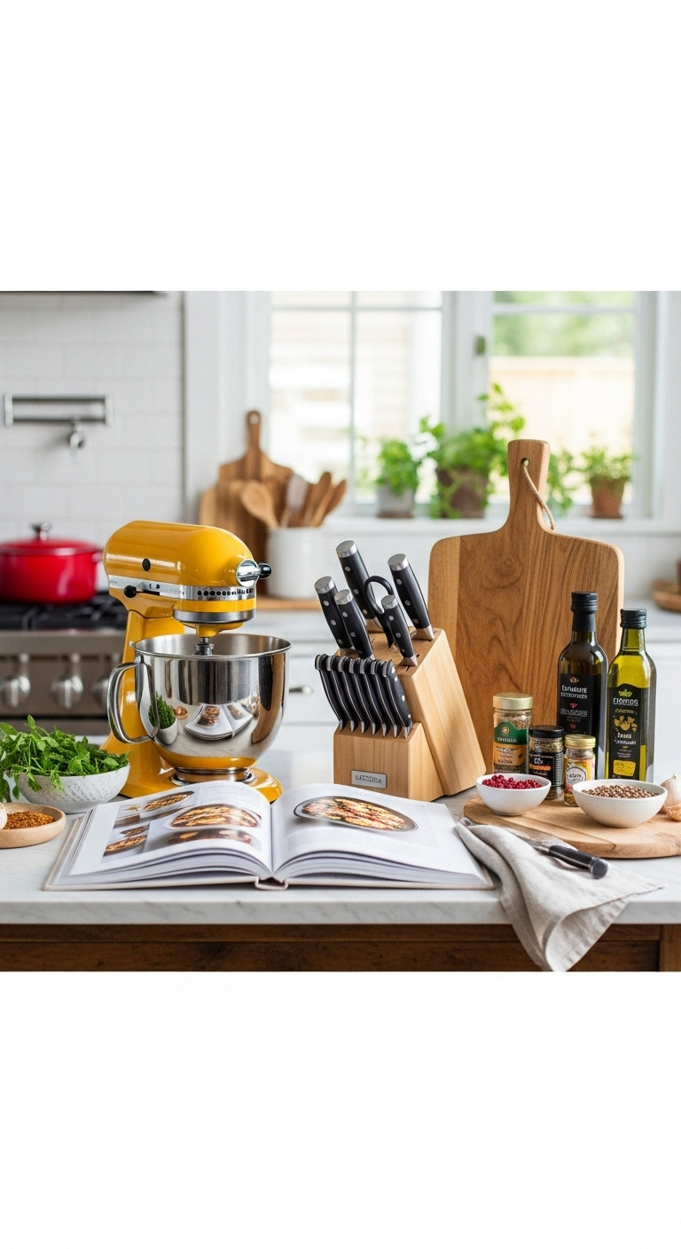 Culinary Christmas gifts for home chefs and bakers on a rustic kitchen island with a vibrant stand mixer sharp knives and gourmet spices