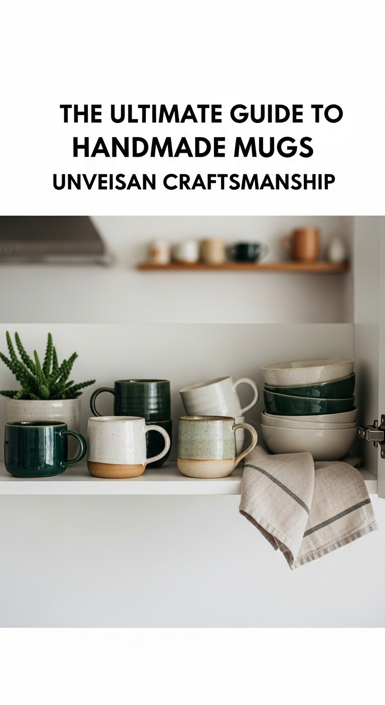 Curated collection of diverse handmade mugs displayed on an open kitchen shelf. Artisan pottery home decor, minimalist styling.