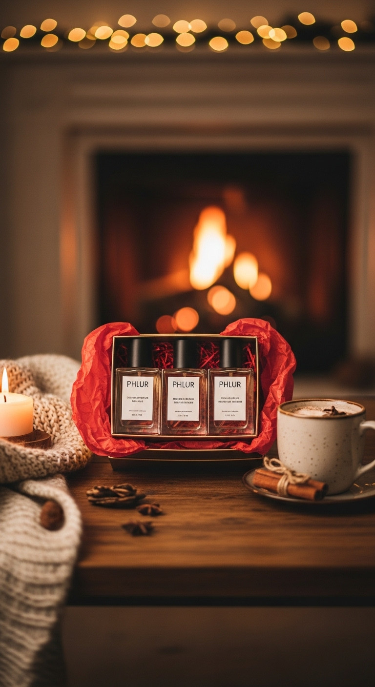 Curated fragrance set with minimalist perfume bottles in a gift box on a rustic wooden table