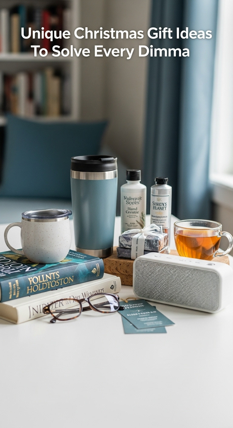 Curated mid-range Christmas gift ideas for Pinterest with book mug hand cream speaker styled on white surface with blurred library background
