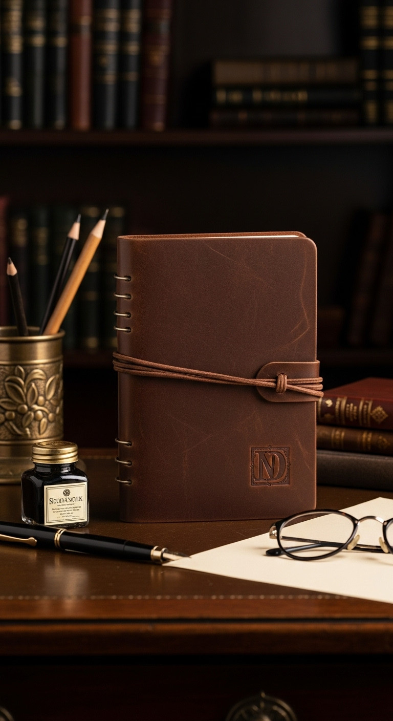 Custom DIY leather journal with an embossed initial on a dark wood desk a thoughtful homemade gift for teens