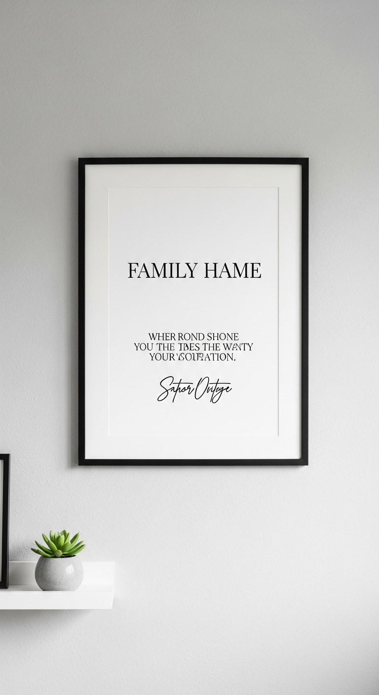 Custom framed print with family name and inspirational quote on a light gray wall with a succulent on a floating shelf