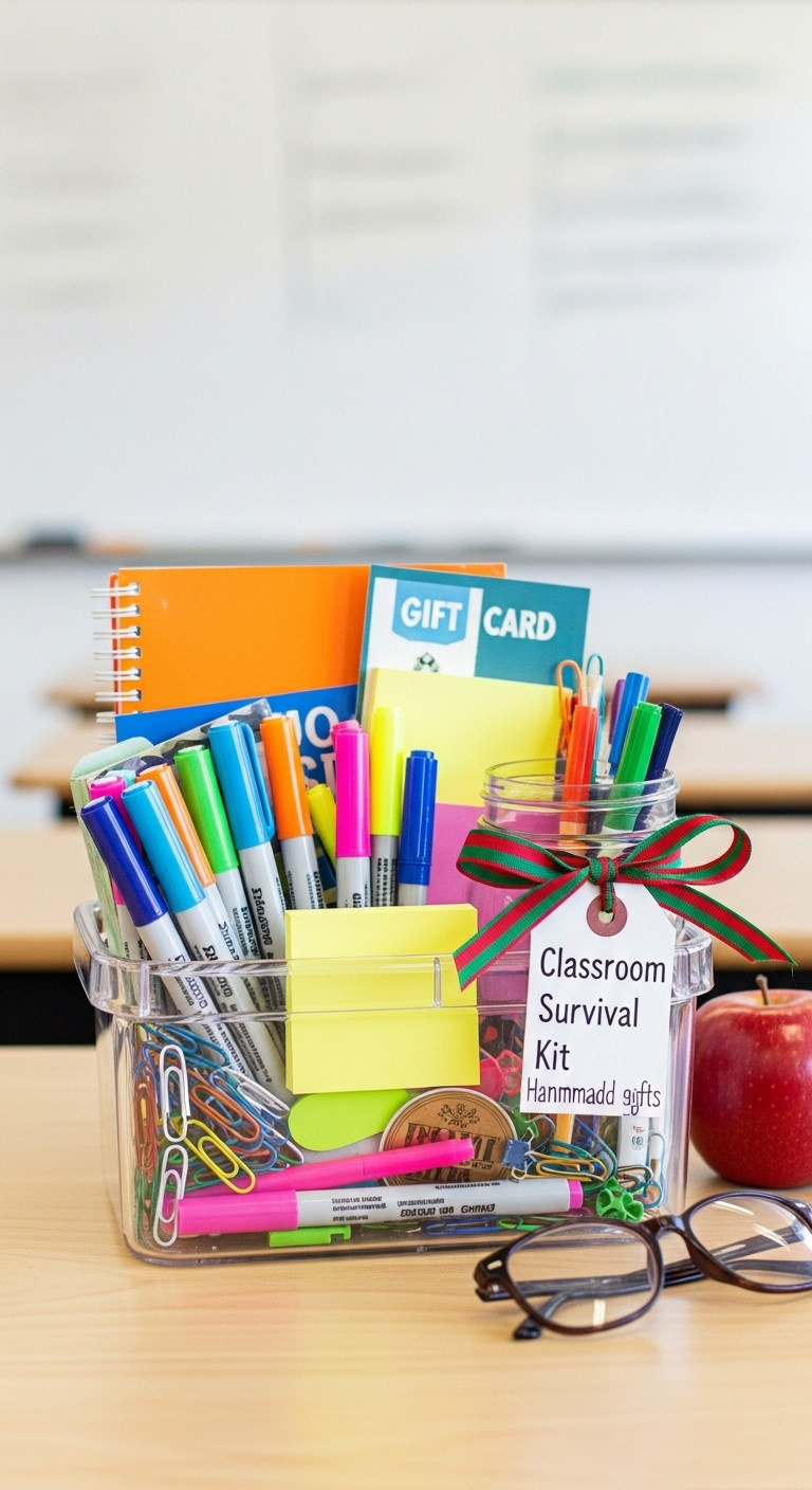 DIY classroom survival kit with dry-erase markers sticky notes and gift card in a clear organizer box on a wooden desk
