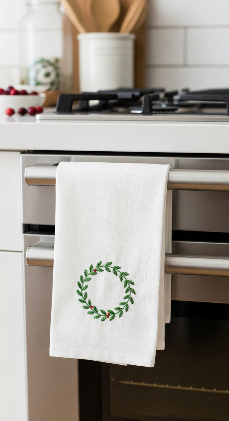 DIY festive embroidered tea towel with a green wreath design draped over an oven handle for neighbors