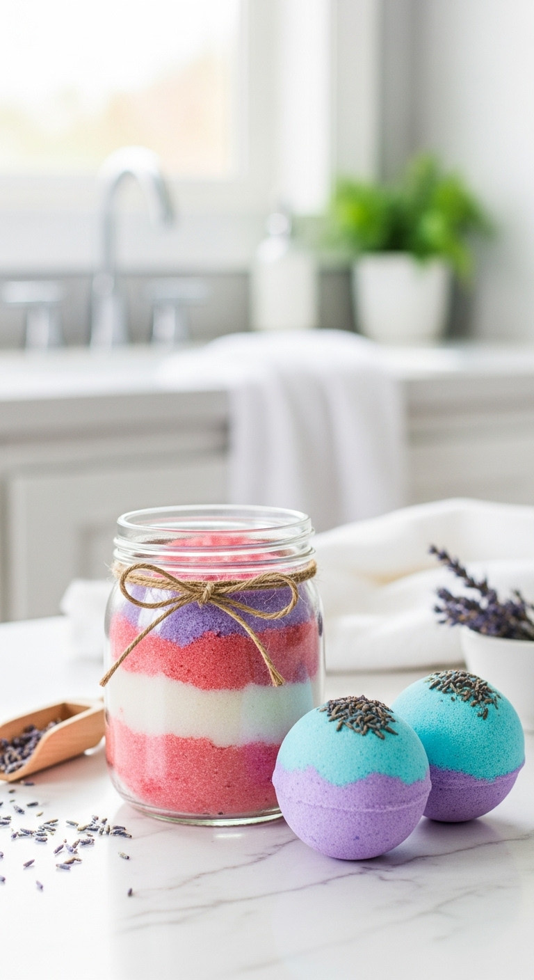 DIY layered sugar scrub in a glass jar with bath bombs and lavender on a marble counter a great teen Christmas gift