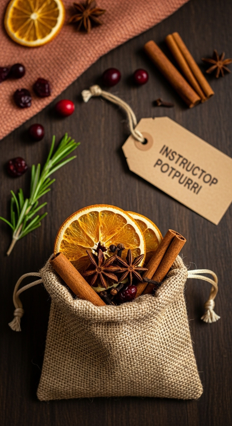 DIY stovetop potpourri mix in a burlap bag with dried oranges cinnamon and star anise for coworker Christmas gifts